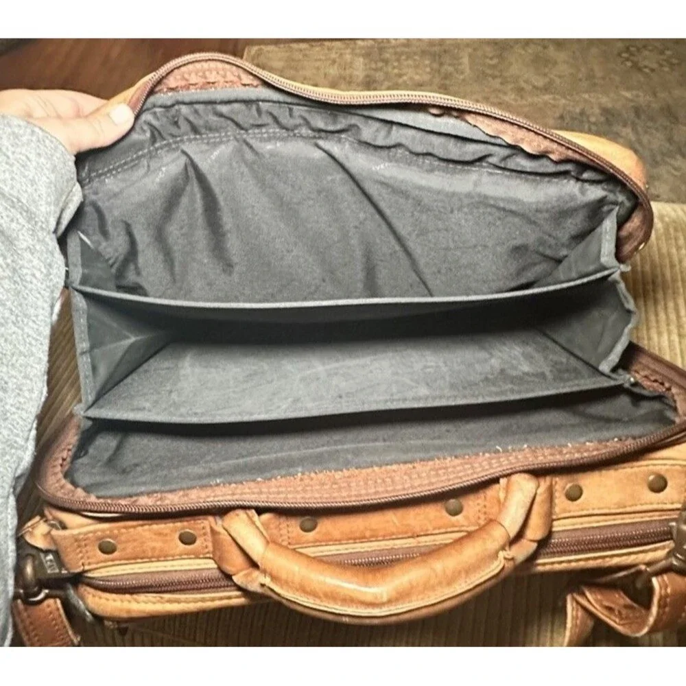 Full Grain Leather Briefcase Laptop Bag Tan Cognac Double Zip